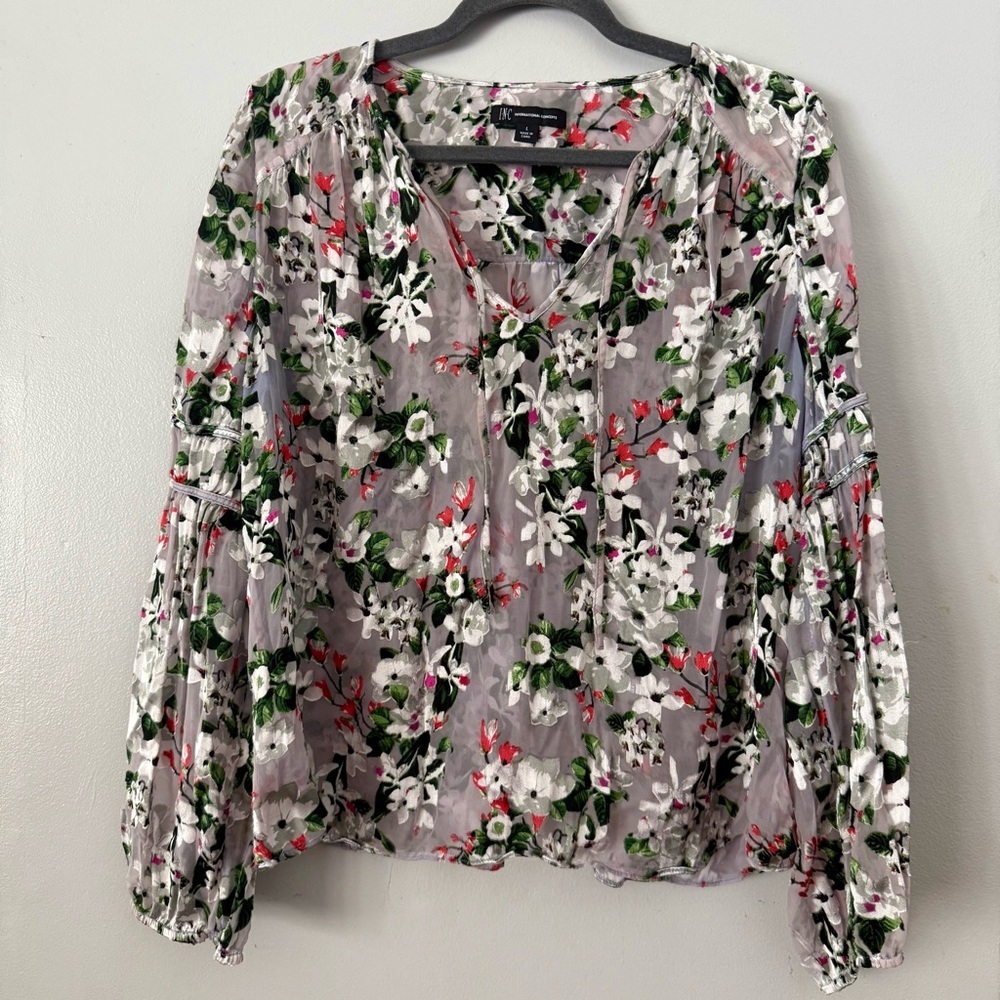 Boho Cottagecore Sheer Floral Peasant Top 🌸 Whimsigoth Tie-Neck Blouse
